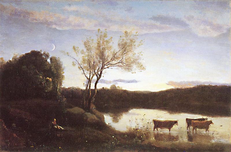 Jean Baptiste Camille  Corot L'Etang aux trois Vaches et au Croissant de Lune oil painting picture